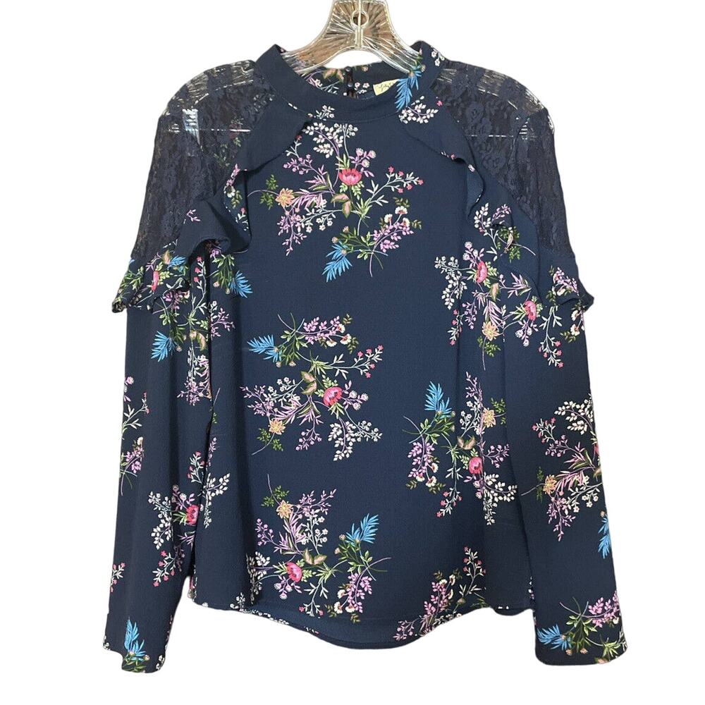Lily White Floral Lace Shoulder Ruffle Accent Navy Blue Women’s Top Size Large